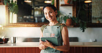 Portrait, tablet and woman in cafe, smile and service for online menu, apron and startup website. Barista, entrepreneur or happy person in restaurant, tech for inventory or pride with hospitality