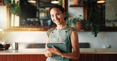 Buy stock photo Portrait, tablet and woman in cafe, smile and service for online menu, apron and startup website. Barista, entrepreneur or happy person in restaurant, tech for inventory or pride with hospitality