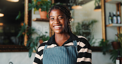 Buy stock photo Hospitality, portrait or black woman in cafe with smile, pride or owner in bistro business. Happy, career or restaurant manager with about us, experience or confidence in customer service industry.