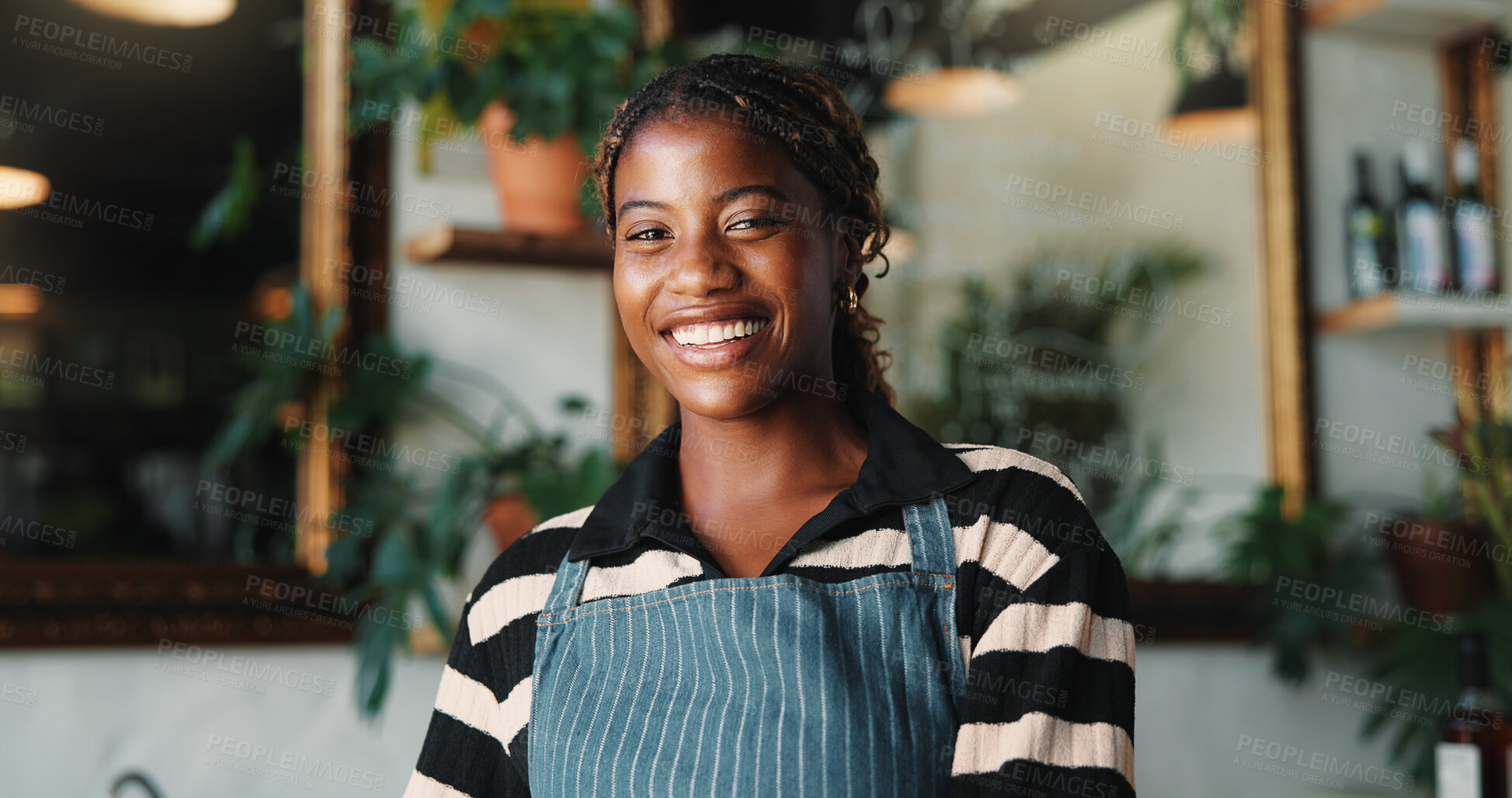 Buy stock photo Hospitality, portrait or black woman in cafe with smile, pride or owner in bistro business. Happy, career or restaurant manager with about us, experience or confidence in customer service industry.