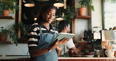 Buy stock photo Waitress, online and happy woman with tablet in cafe, reading and stock order on web or hospitality. Coffee shop, barista and person with tech for inventory management, small business and ecommerce