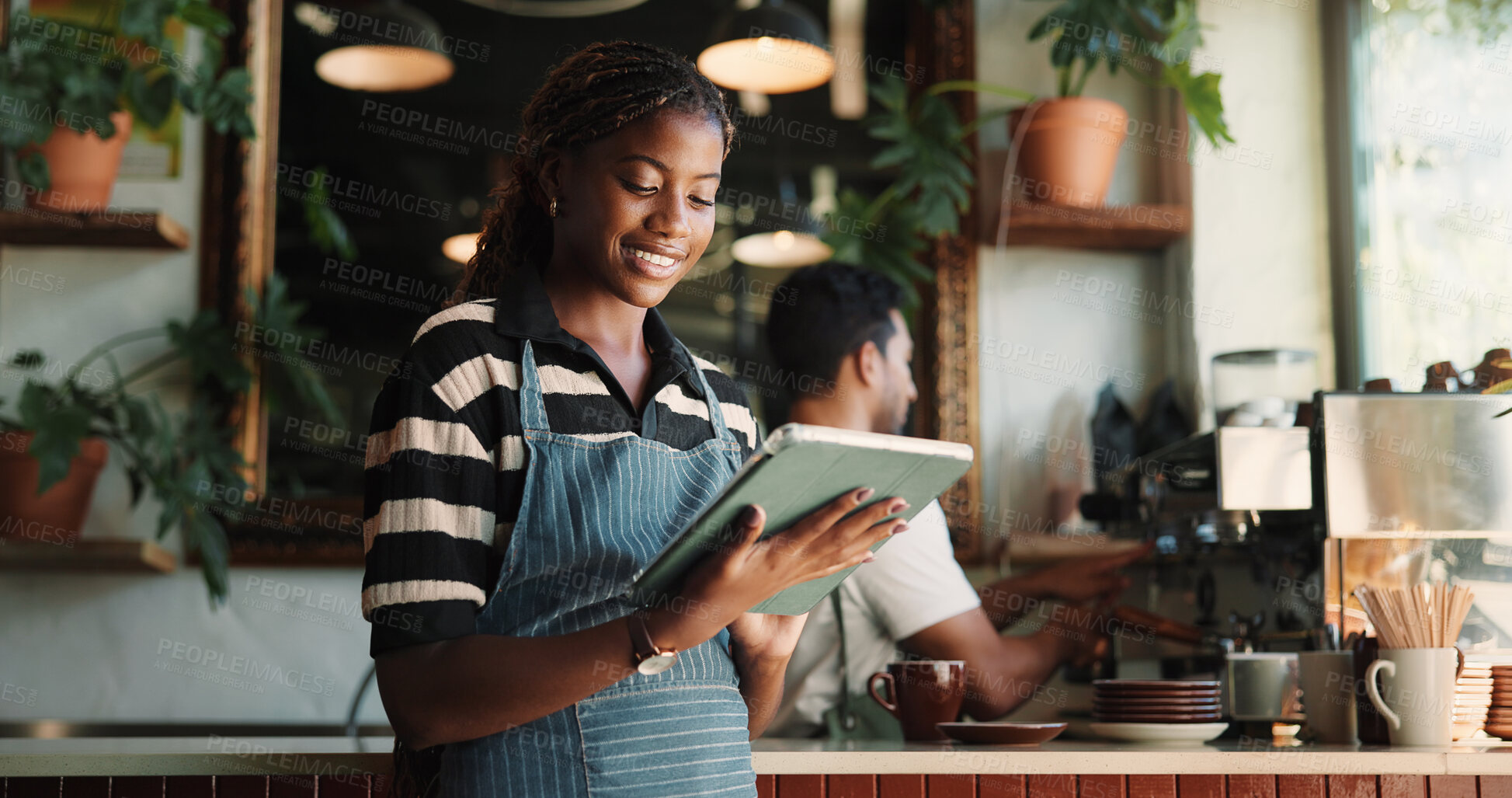 Buy stock photo Waitress, online and happy woman with tablet in cafe, reading and stock order on web or hospitality. Coffee shop, barista and person with tech for inventory management, small business and ecommerce