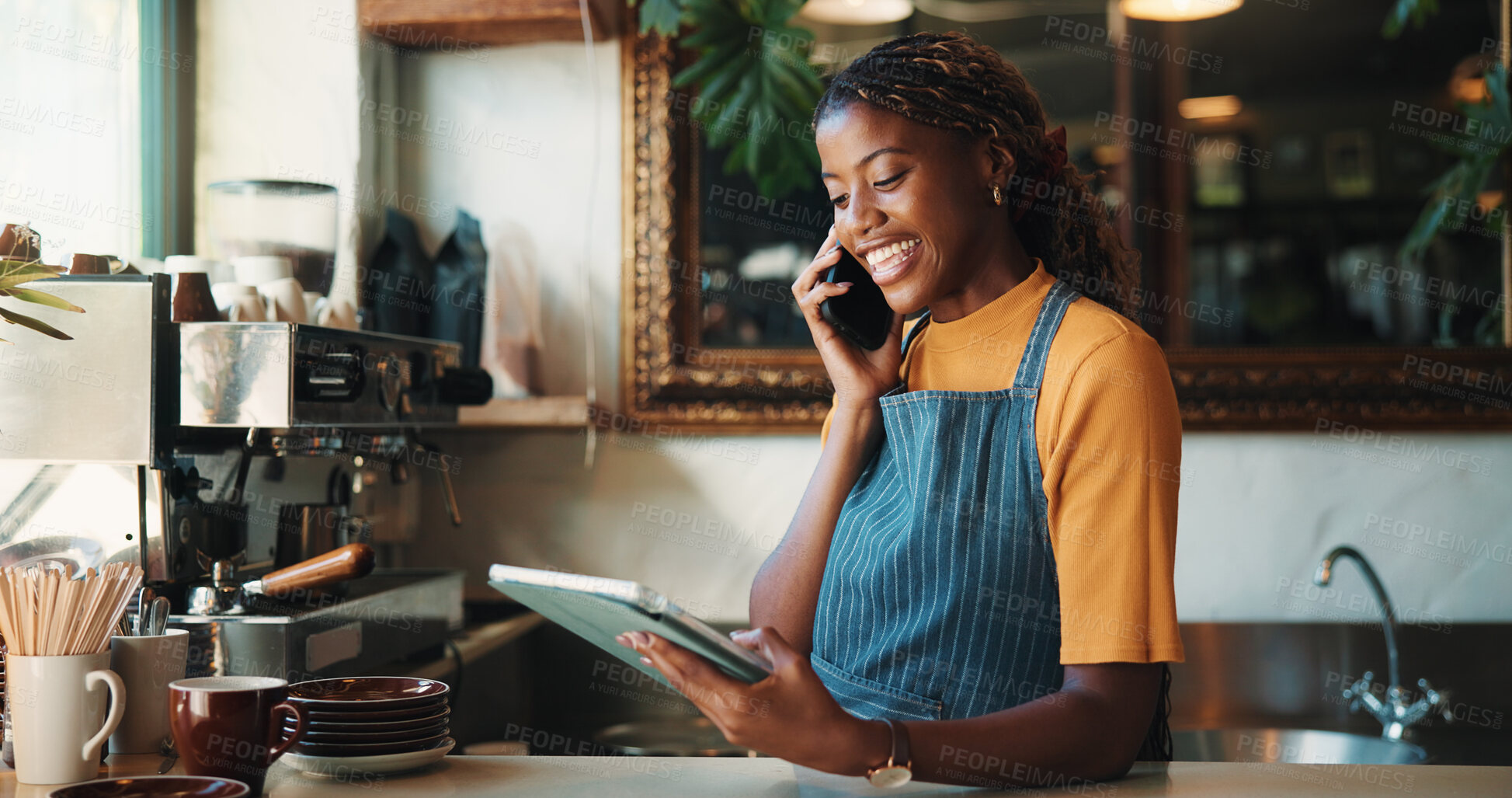 Buy stock photo Barista, phone call and woman with tablet in cafe for stock order, contact supplier or talking. Tech, coffee shop and negotiation with black person in small business, inventory update and smile