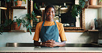 Hospitality, happy or black woman in bistro with portrait, pride or owner of cafe business. Smile, career or restaurant manager with about us, experience or confidence in customer service industry.