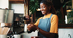 Black woman, barista and coffee machine at cafe, smile and steam milk to prepare order with drink. Shop, waitress and happy person make latte for customer service, hospitality and brewing process