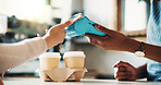 Hands, customer and barista with pos machine for phone payment, app or purchase in cafe. Client, employee or checkout with NFC, tap or smartphone on counter for order or transaction in coffee shop