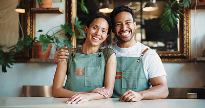 Buy stock photo Happy, owner and barista couple in cafe for customer service, friendly welcome and about us. Small business, people and manager with hug portrait for partnership confidence, hospitality or experience