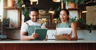 Buy stock photo Business people, checklist and documents with tablet in cafe for stock or inventory management. Man, woman or colleagues with smile, paperwork or technology on counter for revenue in coffee shop