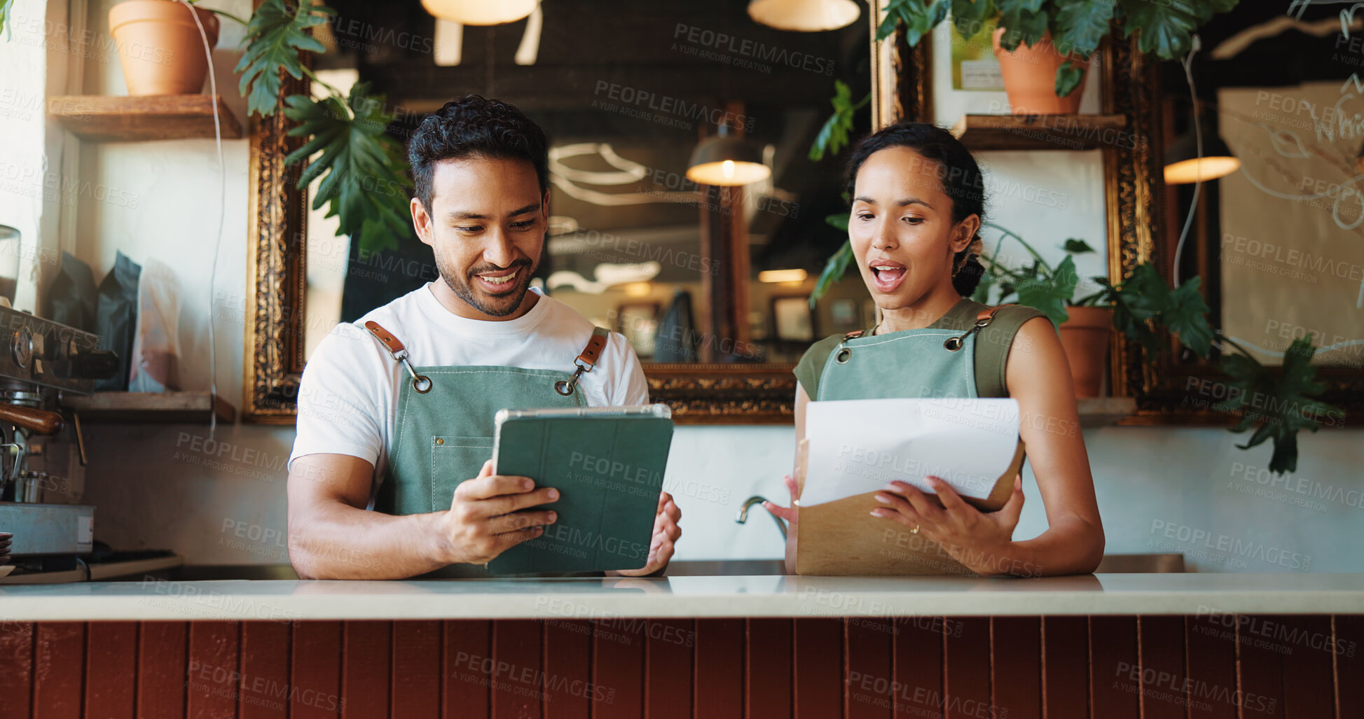 Buy stock photo Business people, checklist and documents with tablet in cafe for stock or inventory management. Man, woman or colleagues with smile, paperwork or technology on counter for revenue in coffee shop