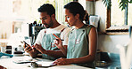 Business people, phone and inventory with checklist in cafe for stock control or online order. Man, woman or employees with smartphone or clipboard in coffee shop for revenue, finance or analysis