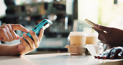 Buy stock photo Hands, barista and pos machine with phone in cafe for customer service or wireless transaction. People, cashier or banking app with NFC system or smartphone for checkout or payment in coffee shop