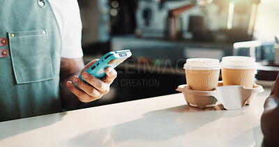 Buy stock photo Barista, pos and man in cafe, hands and internet for easy payment, coffee or paperless transaction. Employee, electronic machine or waiter in restaurant, takeaway or customer service with hospitality