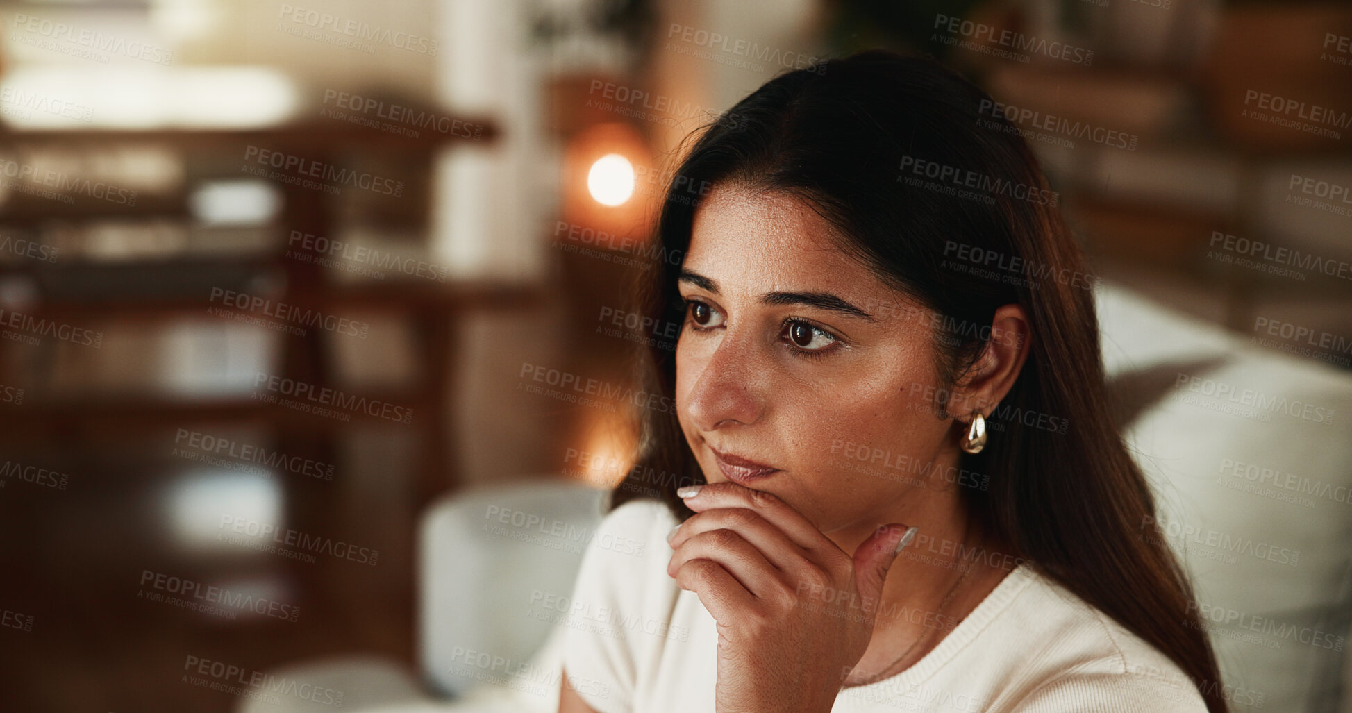 Buy stock photo Thinking, relax and vision with woman on sofa in home for reflection, planning and inspiration. Calm, mindfulness and perspective with female person in living room of apartment for insight and idea