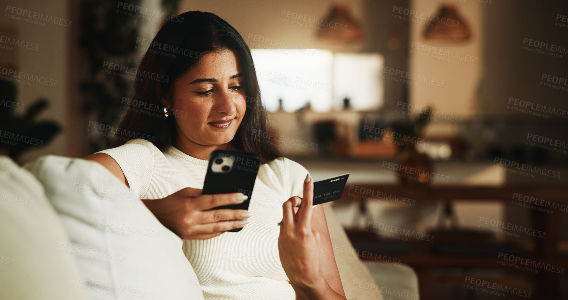 Buy stock photo Credit card, phone and relax with woman on sofa for online shopping, digital payment or fintech. Internet banking, account password and customer purchase with person in living room of home for order