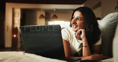 Buy stock photo Laptop, streaming and thinking with woman on sofa in home for movie subscription, entertainment and calm. Film platform, reflection and online show with female person in living room in apartment