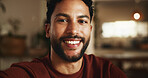 Portrait, smile and man in home, relax and weekend break for comfort, vacation and pride. Apartment, happiness and person in living room, positive mindset and morning with peace, confidence and calm