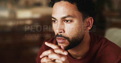 Buy stock photo Thinking, relax and calm with man on sofa in home for reflection, planning and inspiration. Vision, mindfulness and perspective with male person in living room of apartment for insight and idea