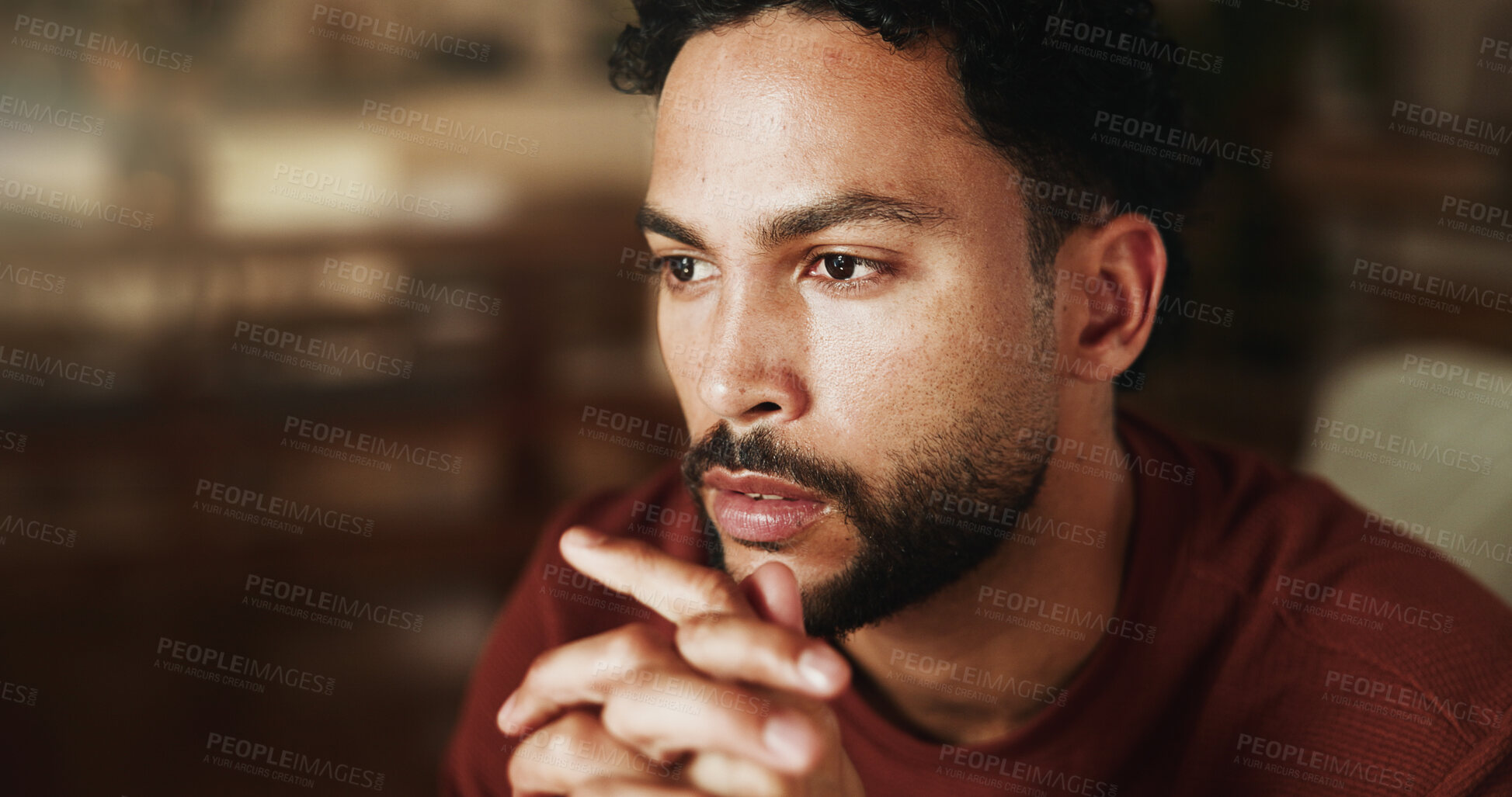 Buy stock photo Thinking, relax and calm with man on sofa in home for reflection, planning and inspiration. Vision, mindfulness and perspective with male person in living room of apartment for insight and idea