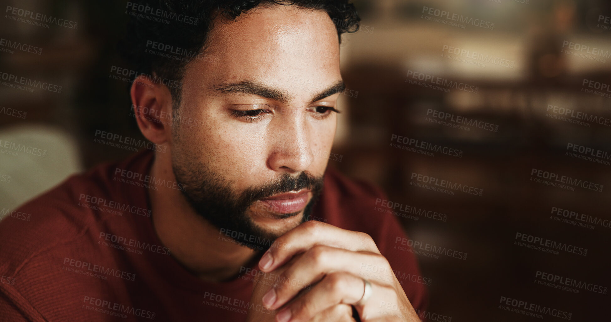 Buy stock photo Thinking, relax and vision with man on sofa in home for reflection, planning and inspiration. Calm, mindfulness and perspective with male person in living room of apartment for insight and idea