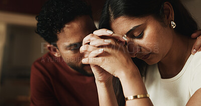 Buy stock photo Empathy, man and support of woman with depression in home for comfort or consoling as couple. Anxiety, sadness and stress with unhappy people in apartment together for grief, helping or loss