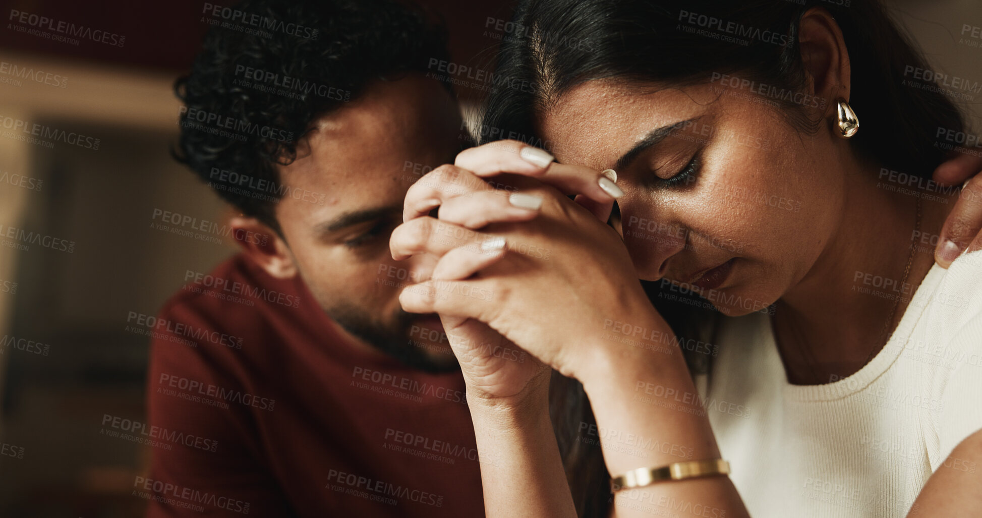 Buy stock photo Empathy, man and support of woman with depression in home for comfort or consoling as couple. Anxiety, sadness and stress with unhappy people in apartment together for grief, helping or loss
