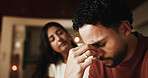 Stress, support and couple in home, love and empathy for mental health crisis with understanding. Comfort, woman and man with depression in apartment, anxiety and pain with partner for kindness