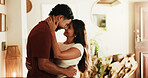 Couple, love and nose kiss in home with romantic connection, loyalty or bonding together for relationship. People, affection and care in house with trust, soulmate or partner for marriage commitment.