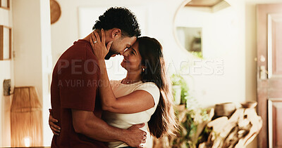 Buy stock photo Couple, love and nose kiss in home with romantic connection, loyalty or bonding together for relationship. People, affection and care in house with trust, soulmate or partner for marriage commitment.