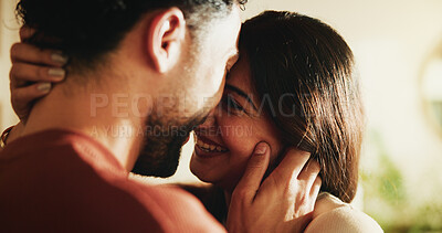 Buy stock photo Love, support and couple with smile in house for bonding, admiration and trust for healthy relationship. Partner appreciation, affection and people with romantic moment for connection, care and happy