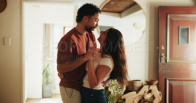 Buy stock photo Happy, couple and holding hands in home with dance, support partner and bonding together on weekend. People, smile and rhythm in house with music, loyalty and love connection for marriage commitment.