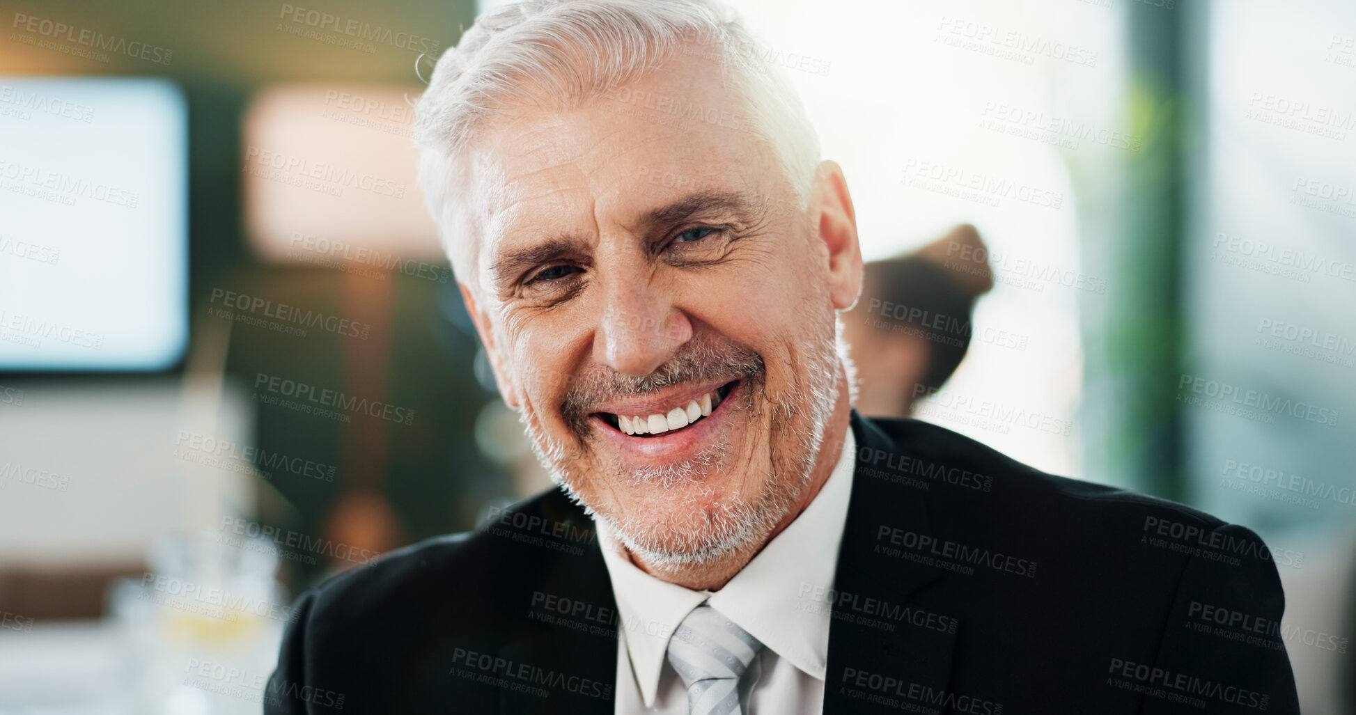 Buy stock photo Portrait, business and man with smile in meeting for career pride, about us and investment banker. Happy, mature person and job ambition for corporate finance, risk assessment and Financial advisory