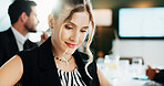 Thinking, meeting or woman in office with solution, funding ideas or budget insight in company briefing. Flare, smile or finance advisor with reflection, report plan or thoughts on proposal strategy.