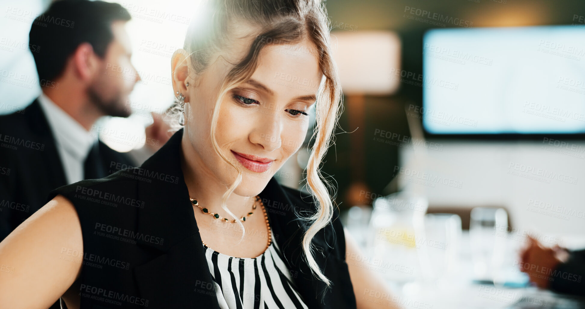 Buy stock photo Thinking, meeting or woman in office with solution, funding ideas or budget insight in company briefing. Flare, smile or finance advisor with reflection, report plan or thoughts on proposal strategy.