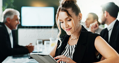 Buy stock photo Review, meeting or woman in office with tablet, forecast plan or budget checklist for funding pitch. Business, brief or financial advisor with tech, online report or proposal insight for investment.
