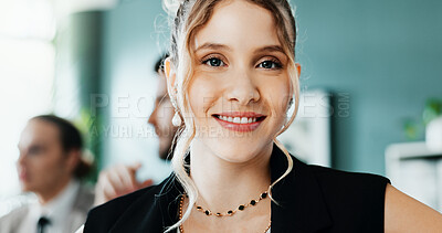 Buy stock photo Happy, business and woman with portrait in meeting for career pride, about us and financial agent. Smile, female person and ambition for company bookkeeping, risk assessment and investment consultant