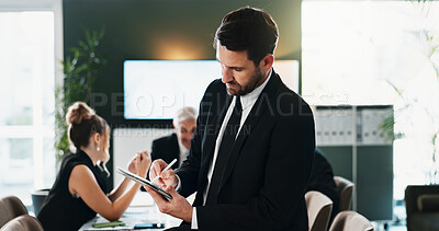 Buy stock photo Review, meeting or man in office with tablet, forecast plan or budget checklist for funding pitch. Briefing, stylus or financial advisor with tech, business report or proposal insight for investment.