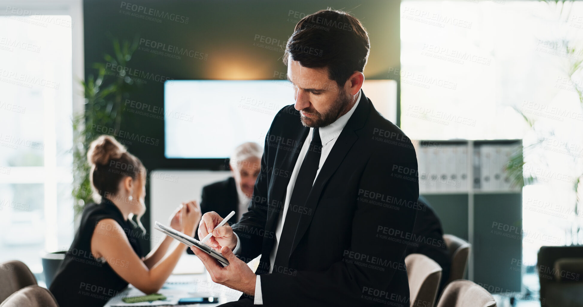 Buy stock photo Review, meeting or man in office with tablet, forecast plan or budget checklist for funding pitch. Briefing, stylus or financial advisor with tech, business report or proposal insight for investment.