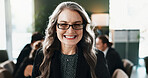 Portrait, corporate and woman with smile in meeting for career pride, about us and financial agent. Happy, mature person or ambition for company bookkeeping, risk assessment and investment consultant