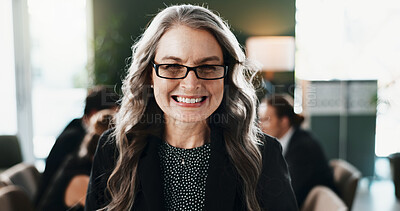 Buy stock photo Portrait, corporate and woman with smile in meeting for career pride, about us and financial agent. Happy, mature person or ambition for company bookkeeping, risk assessment and investment consultant