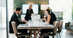 Meeting, manager or people in office with blur, problem solving or funding ideas in strategy workshop. Team, brief or finance advisor with tech, director training or collaboration on investment plan.