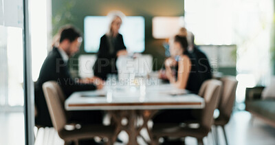 Buy stock photo Meeting, manager or people in office with blur, problem solving or funding ideas in strategy workshop. Team, brief or finance advisor with tech, director training or collaboration on investment plan.