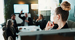 Woman, meeting and presentation with hands raised on whiteboard in office for question or idea. Female person, speaker or team with answer or interaction for corporate development or business project