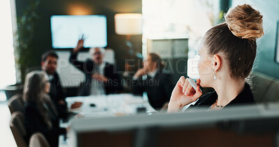 Buy stock photo Woman, meeting and presentation with hands raised on whiteboard in office for question or idea. Female person, speaker or team with answer or interaction for corporate development or business project