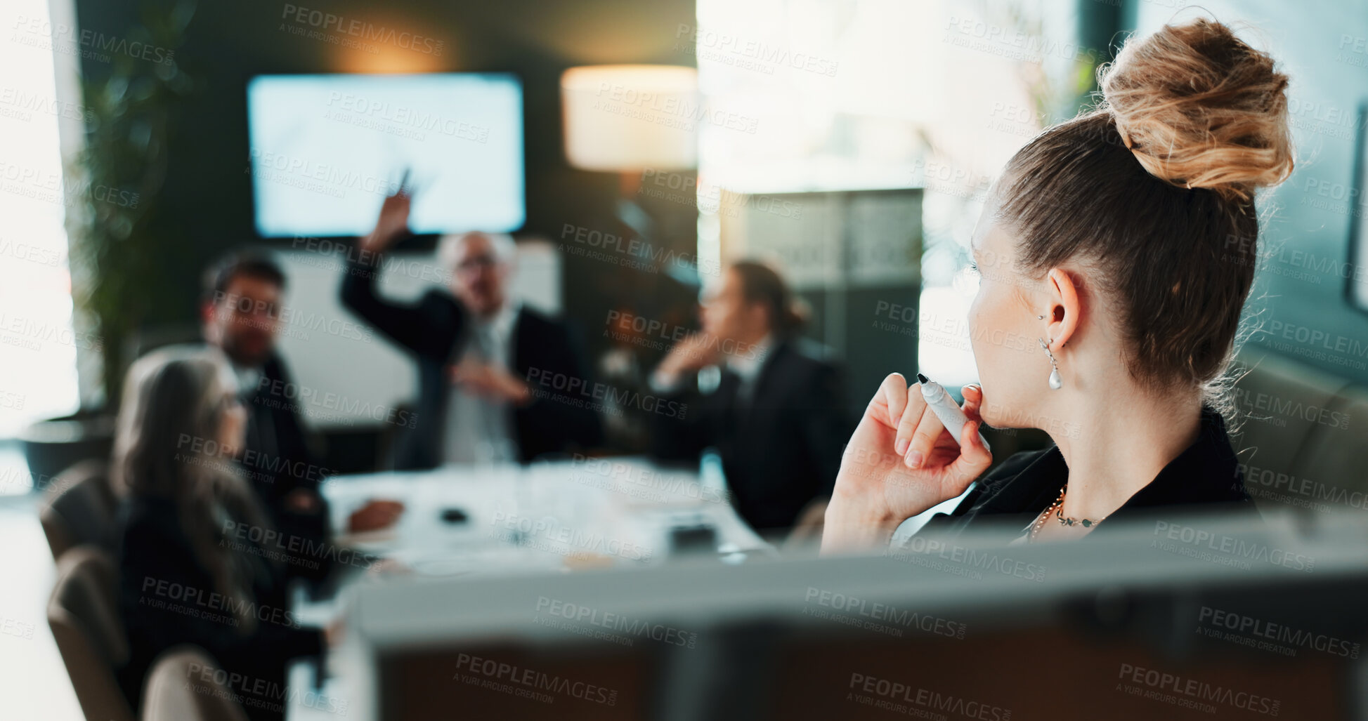 Buy stock photo Woman, meeting and presentation with hands raised on whiteboard in office for question or idea. Female person, speaker or team with answer or interaction for corporate development or business project