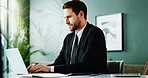 Review, research or man in firm with laptop, forecast plan or budget insight for funding pitch. Business, reading or financial consultant with tech, internet search or proposal report for investment

