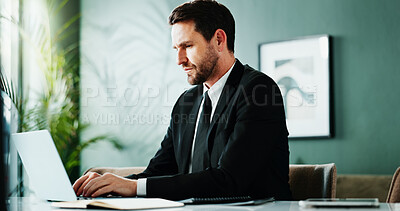 Buy stock photo Review, research or man in firm with laptop, forecast plan or budget insight for funding pitch. Business, reading or financial consultant with tech, internet search or proposal report for investment
