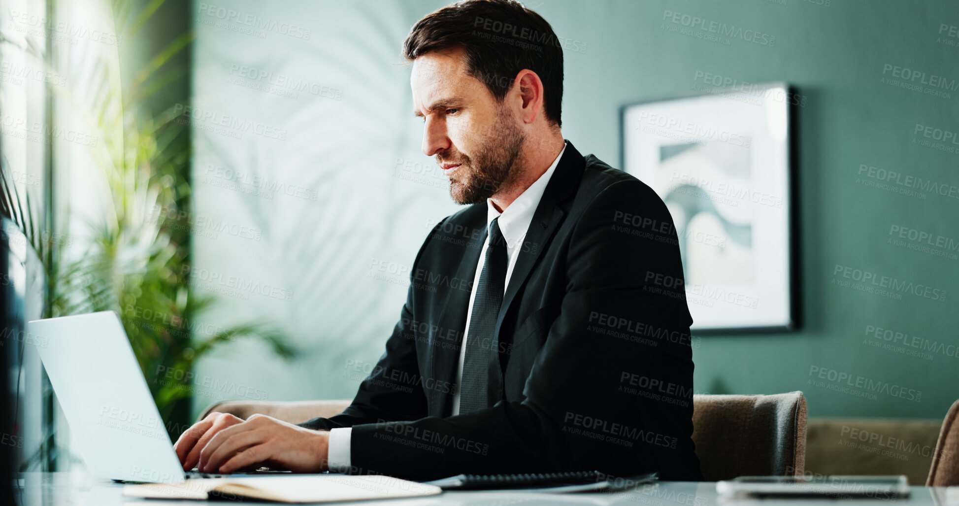 Buy stock photo Review, research or man in firm with laptop, forecast plan or budget insight for funding pitch. Business, reading or financial consultant with tech, internet search or proposal report for investment