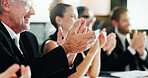 Happy, business people or meeting with group applause for presentation or congratulations in office. Team, employees or colleagues clapping for conference, staff training or thank you in workshop