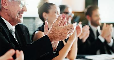 Buy stock photo Happy, business people or meeting with group applause for presentation or congratulations in office. Team, employees or colleagues clapping for conference, staff training or thank you in workshop