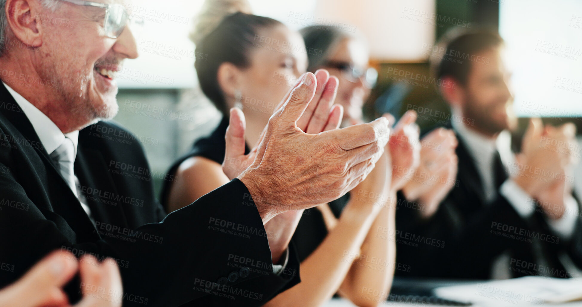 Buy stock photo Happy, business people or meeting with group applause for presentation or congratulations in office. Team, employees or colleagues clapping for conference, staff training or thank you in workshop